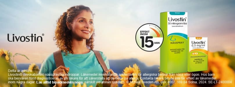 Livostin® (levokabastin) nässpray/ögondroppar. Läkemedel innehållande antihistamin för allergiska besvär från näsa eller ögon. Hos barn ska besvären först diagnostiseras av en läkare för att säkerställa att de beror på allergi. Kontakta läkare om du inte får effekt av läkemedlet inom några dagar. Läs alltid bipacksedeln noga, särskilt vid annan sjukdom. © McNeil Sweden AB, Box 4007, 169 04 Solna, 2023.