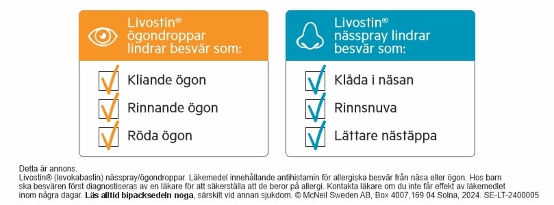 Livostin® (levokabastin) nässpray/ögondroppar. Läkemedel innehållande antihistamin för allergiska besvär från näsa eller ögon. Hos barn ska besvären först diagnostiseras av en läkare för att säkerställa att de beror på allergi. Kontakta läkare om du inte får effekt av läkemedlet inom några dagar. Läs alltid bipacksedeln noga, särskilt vid annan sjukdom. © McNeil Sweden AB, Box 4007, 169 04 Solna, 2023.